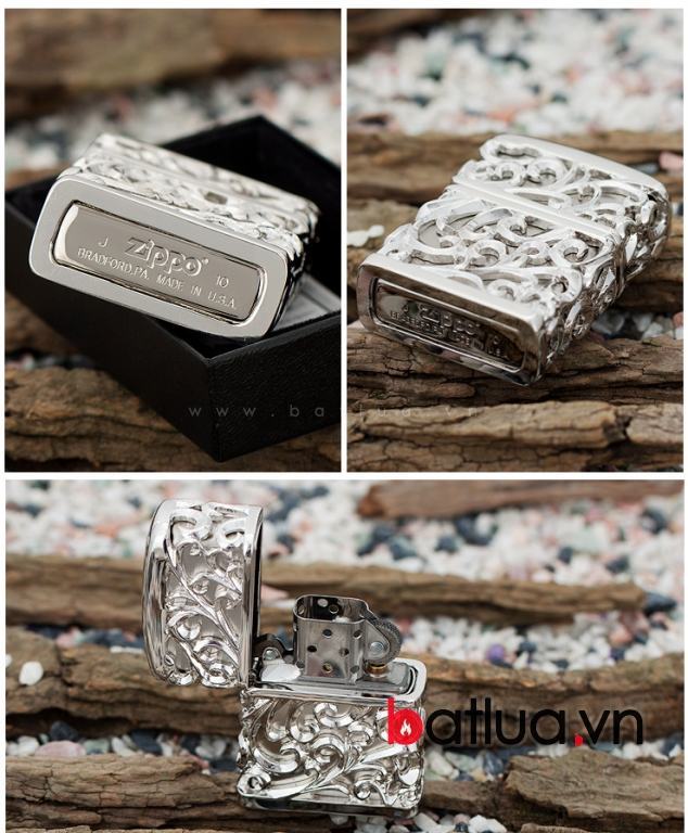 Bật lửa Zippo chính hãng mạ bạc họa tiết bao quanh